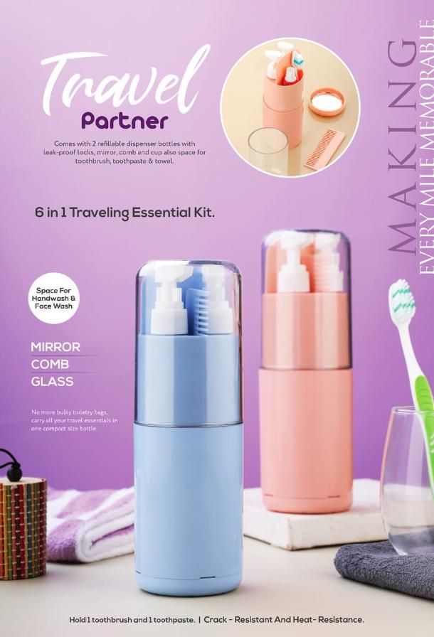 Travel kit 6 in 1 - 2 lotion/ liquid dispenser, 1 brush and colgate storage, 1 comb, 1 napkin storage