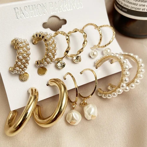 Trendy Gold-Plated Pearl & Hoop Earrings Set for Girls (Pack of 9)